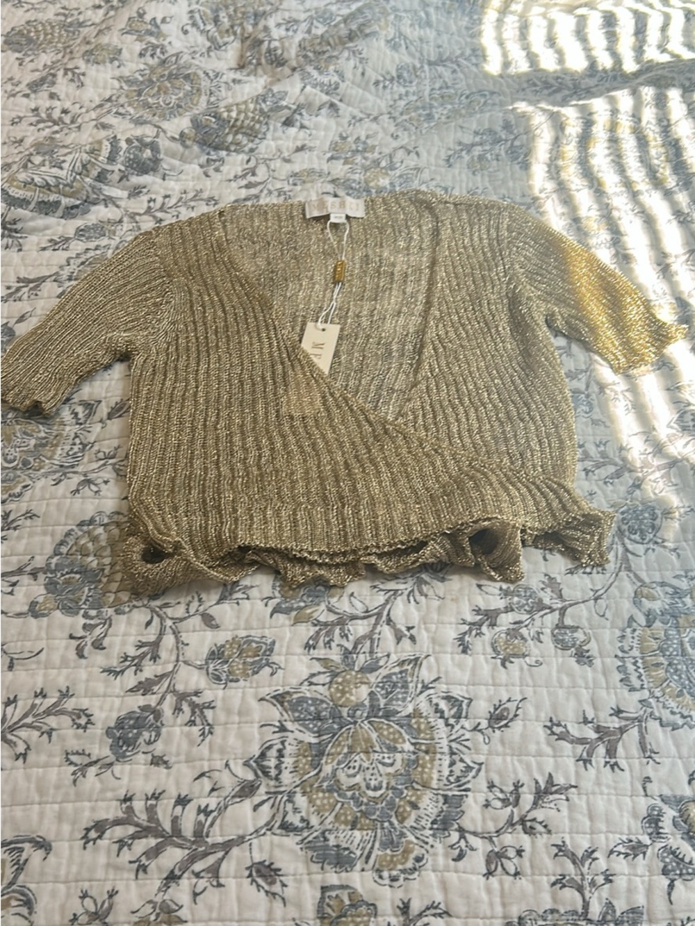 Meshki Metallic Gold Ribbed Wrap Top